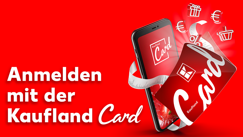Abbildung: Kaufland Card und Icons „fliegen” aus Smartphone-Display; Schriftzug: Anmelden mit der Kaufland Card
