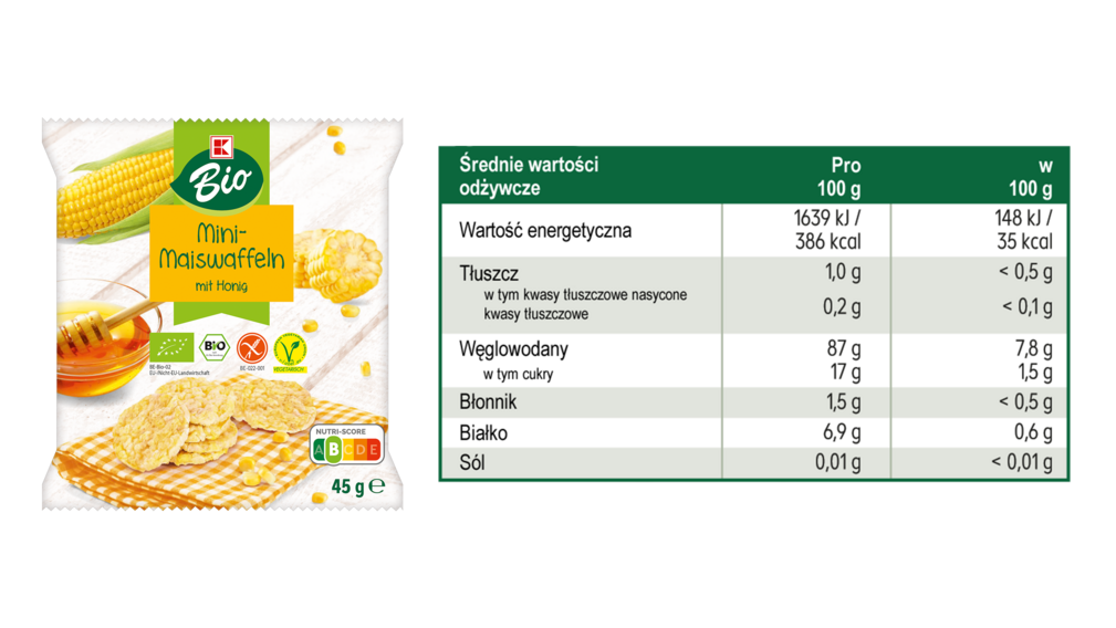 Wartości odżywcze dla naszych miodowych miniwafli kukurydzianych K-Bio Miodowe miniwafle kukurydziane K-bio i tabela ich wartości odżywczych