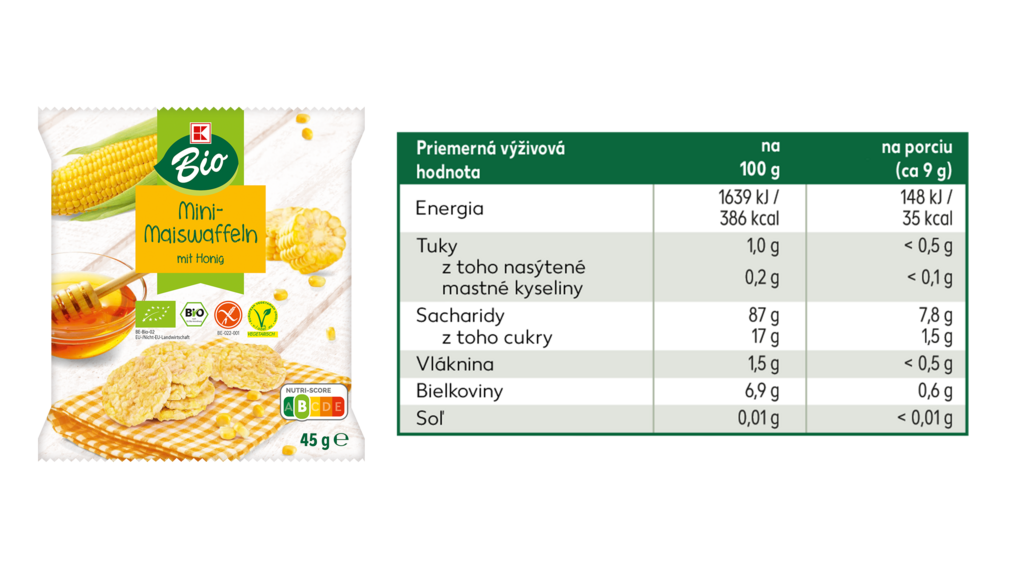 K-Bio mini kukurično-medové chlebíčky a ich výživová hodnota K-Bio mini kukurično-medové chlebíčkya k tomu priradená tabuľka výživových hodnôt