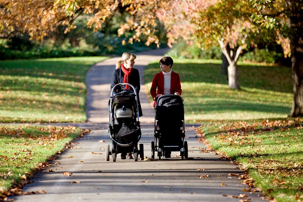Изображение на две жени в парка, които заедно бутат бебешки колички