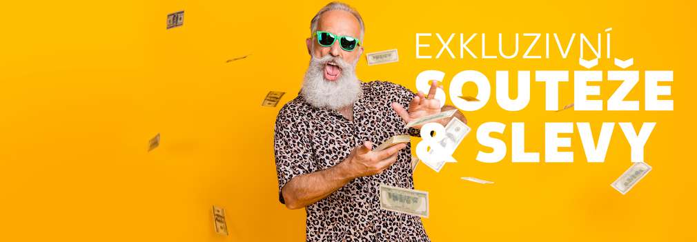 Nenechte si ujít žádné další soutěže a slevy.  Muž rozhazuje výhry do vzduchu