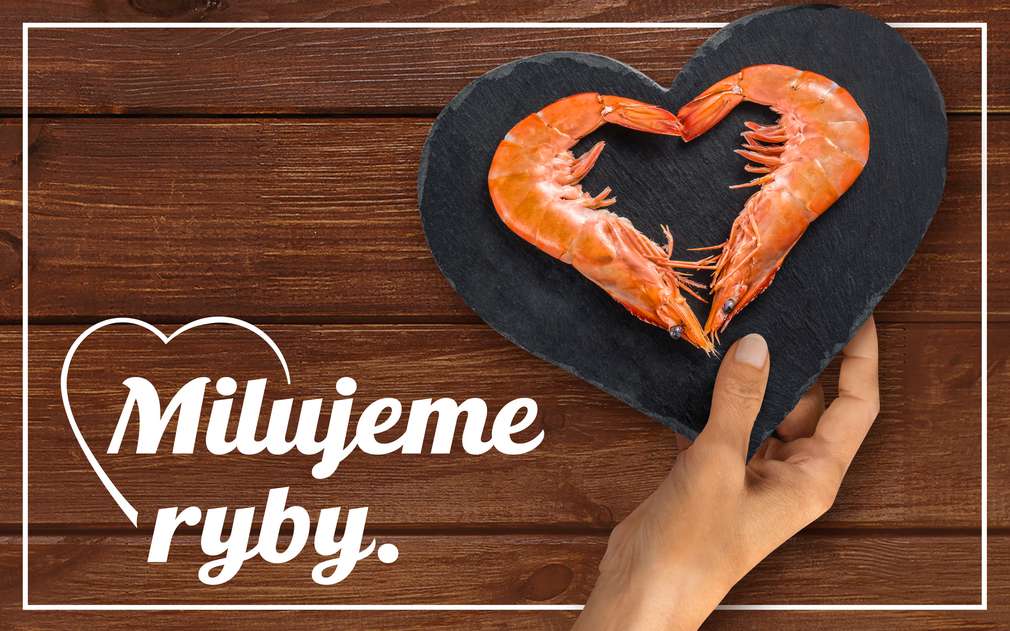 Milujeme ryby. Krevety ve tvaru srdce na černém talíři.