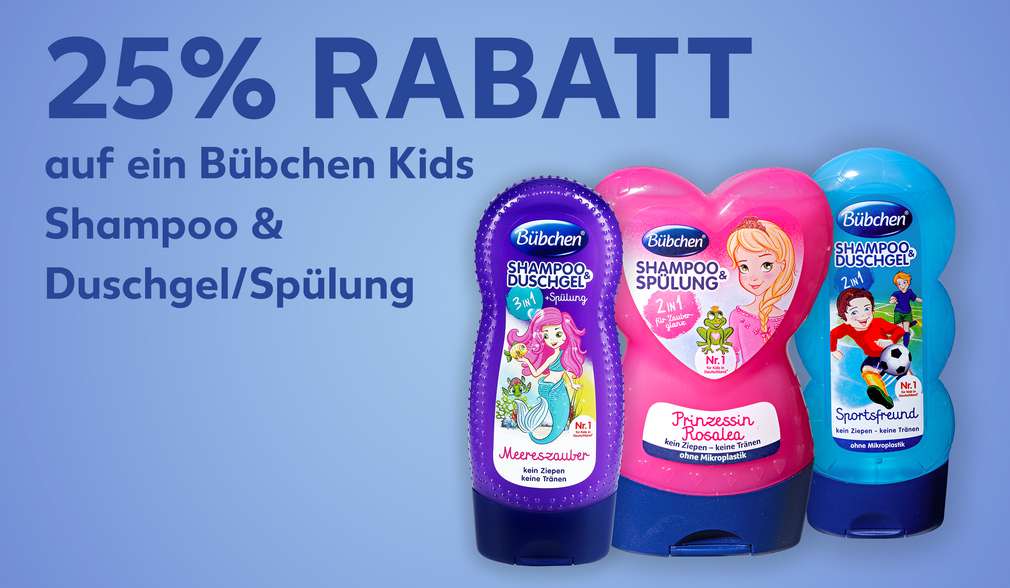 Produktabbildung: versch. von Bübchen; Schriftzug: 25 % Rabatt auf ein Bübchen Kids Shampoo & Duschgel/Spülung Produktabbildung: versch. von Bübchen; Schriftzug: 25 % Rabatt auf ein Bübchen Kids Shampoo & Duschgel/Spülung