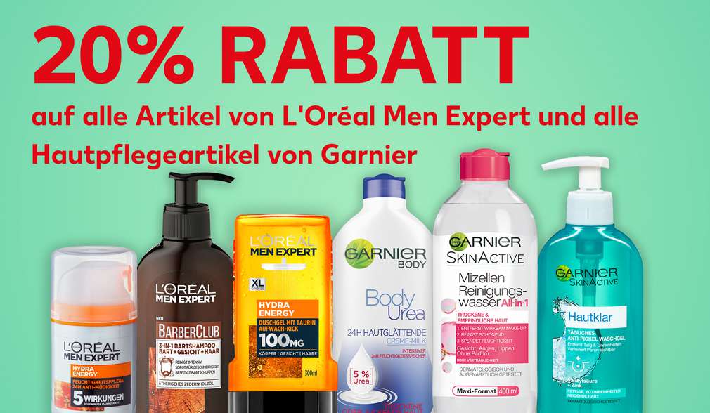 Produktabbildung: versch. Artikel von L'Oréal Men Expert und Garnier; Schriftzug: 20 % Rabatt auf alle Artikel von L'Oréal Men Expert und alle Hautpflegeprodukte von Garnier Produktabbildung: versch. Artikel von L'Oréal Men Expert und Garnier; Schriftzug: 20 % Rabatt auf alle Artikel von L'Oréal Men Expert und alle Hautpflegeprodukte von Garnier