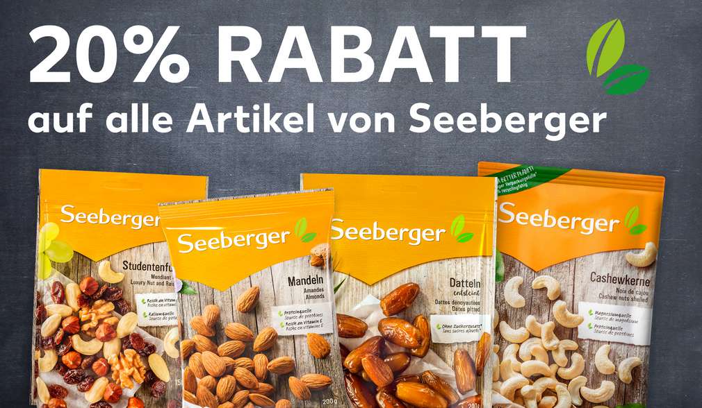 Produktabbildung: versch. Artikel von Seeberger; Schriftzug: 20 % Rabatt auf alle Artikel von Seeberger Produktabbildung: versch. Artikel von Seeberger; Schriftzug: 20 % Rabatt auf alle Artikel von Seeberger