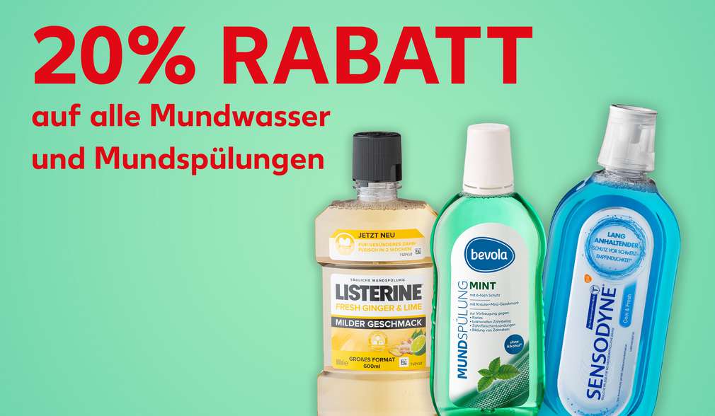 Produktabbildung: versch. Mundwasser und Mundspülungen; Schriftzug: 20 % Rabatt auf alle Mundwasser und Mundspülunge Produktabbildung: versch. Mundwasser und Mundspülungen; Schriftzug: 20 % Rabatt auf alle Mundwasser und Mundspülunge