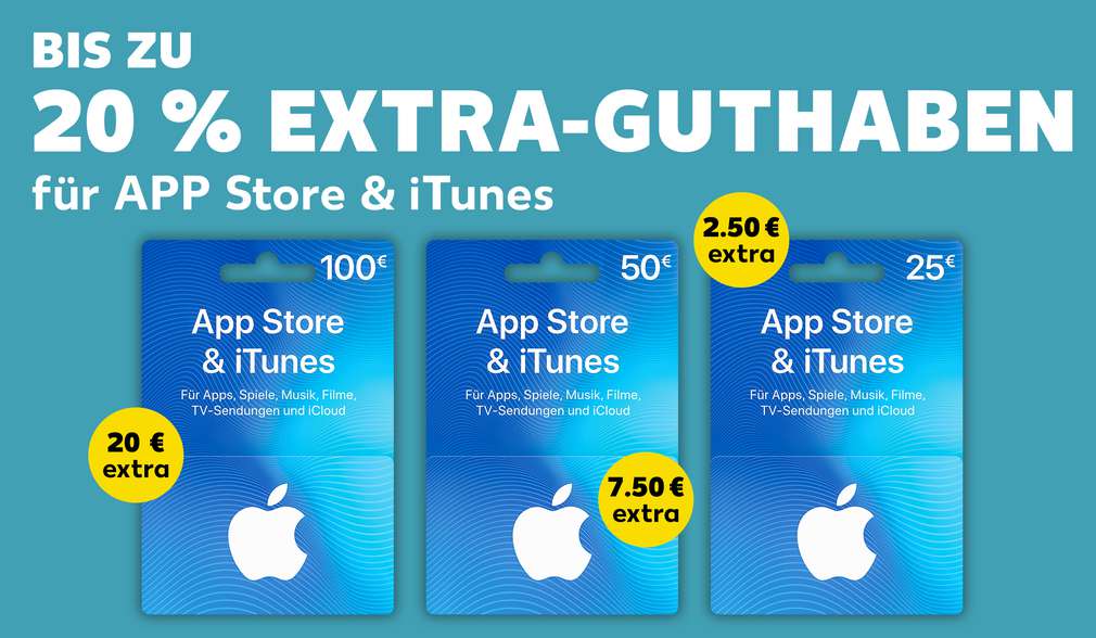 Produktabbildung: Guthabenkarten des App Stores und von iTunes; Schriftzug: 20 % Extra-Guthaben fur App Stores & iTunes Produktabbildung: Guthabenkarten des App Stores und von iTunes; Schriftzug: 20 % Extra-Guthaben fur App Stores & iTunes