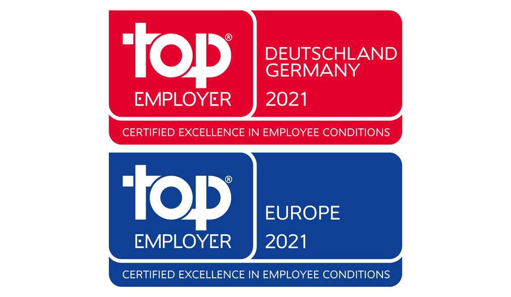 Logo: Top Employer Deutschland Germany 2021; Logo: Top Employer Europe 2021 Logo: Top Employer Deutschland Germany 2021; Logo: Top Employer Europe 2021