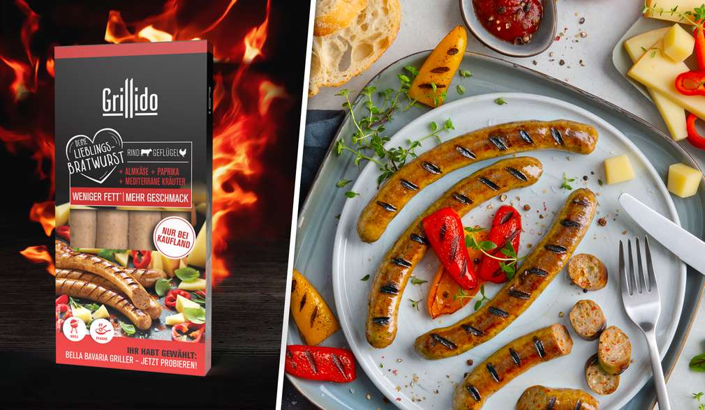Links: Produktabbildung „Bella Bavaria Griller”; rechts: gegrillte „Bella Bavaria Griller” auf Teller Links: Produktabbildung „Bella Bavaria Griller”; rechts: gegrillte „Bella Bavaria Griller” auf Teller
