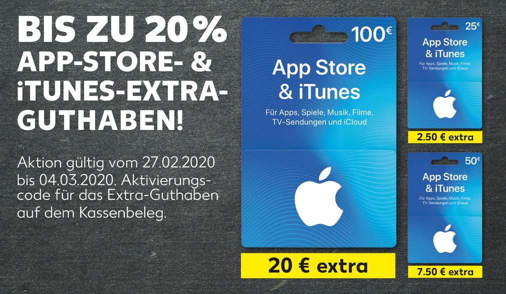 Rabatt: bis zu 20 Prozent Extra-Guthaben für App-Store und iTunes Rabatt: bis zu 20 Prozent Extra-Guthaben für App-Store und iTunes