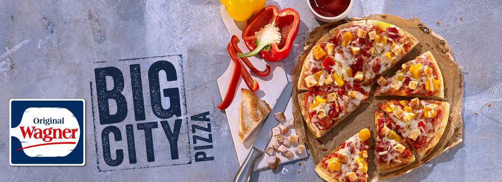 Geschnittene Pizza mit Zutaten; Logo: Original Wagner; Schriftzug: Big City Pizza