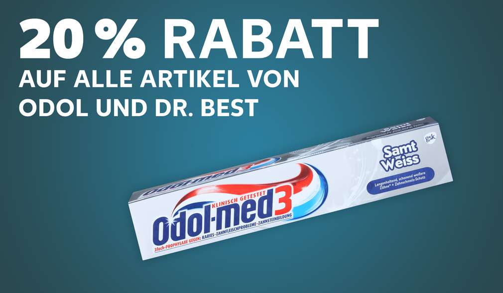 Odol-Med 3 Zahncreme; Schriftzug: 20 % Rabatt auf alle Artikel von Odol und Dr. Best