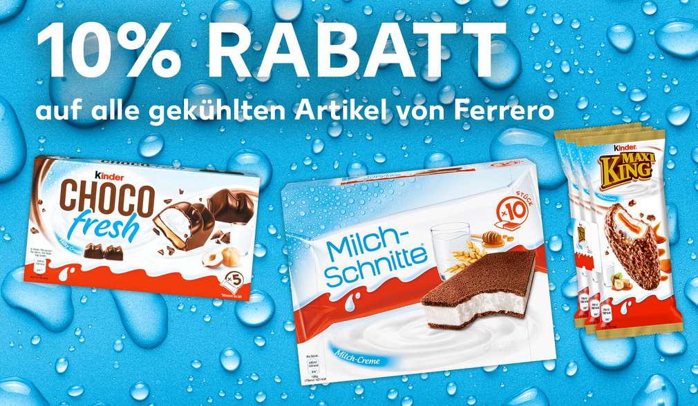 Produktabbildung: versch. Artikel von Kinder; Schriftzug: 10 % Rabatt auf alle gekühlten Artikel von Ferrero Produktabbildung: versch. Artikel von Kinder; Schriftzug: 10 % Rabatt auf alle gekühlten Artikel von Ferrero