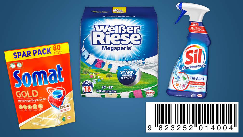 Versch. Wasch-, Spül- und Reinigungsmittel; unten rechts: Code zum Abscannen an der Kasse Versch. Wasch-, Spül- und Reinigungsmittel; unten rechts: Code zum Abscannen an der Kasse