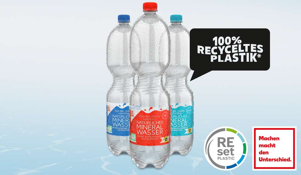 Versch. K-Klassic PET-Einwegpfandflaschen; Störer: 100% recyceltes Plastik*; Logo: REset Plastic; Logo: Machen macht den Unterschied Versch. K-Klassic PET-Einwegpfandflaschen; Störer: 100% recyceltes Plastik*; Logo: REset Plastic; Logo: Machen macht den Unterschied