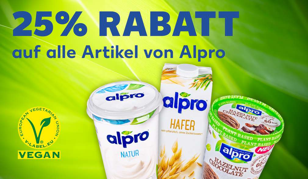 verschiedene Produkte von Alpro; Schriftzug: 25 % Rabatt auf alle Artikel von Alpro verschiedene Produkte von Alpro; Schriftzug: 25 % Rabatt auf alle Artikel von Alpro
