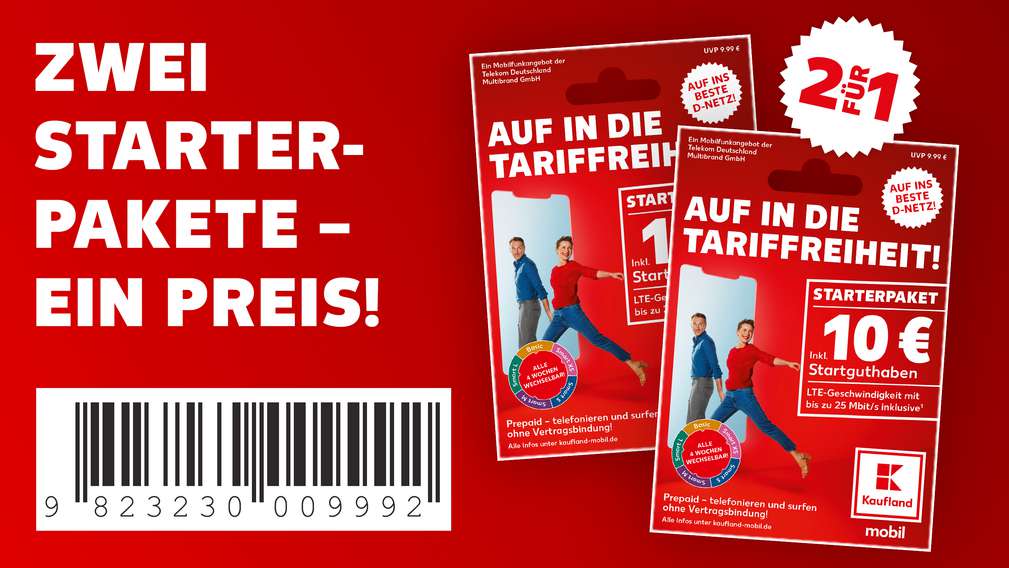 Zwei Kaufland mobil Starterpakete, Code zum Abscannen an der Kasse; Störer: 2 für 1; Schriftzug: Zwei Starterpakete – ein Preis