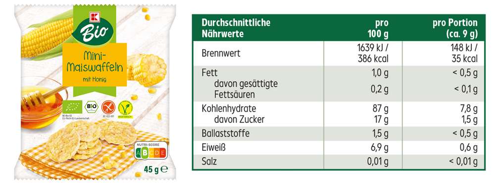 Nährwerte für unsere K-Bio Mini-Maiswaffeln Honig K-Bio Mini-Maiswaffel Honig und dazugehörige Nährwerttabelle