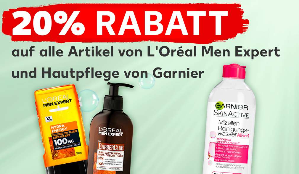 verschiedene Produkte von L'Oréal Men Expert und Garnier; Schriftzug: 20 % Rabatt auf alle Artikel von L'Oréal Men Expert und Hautpflegeprodukte von Garnier verschiedene Produkte von L'Oréal Men Expert und Garnier; Schriftzug: 20 % Rabatt auf alle Artikel von L'Oréal Men Expert und Hautpflegeprodukte von Garnier