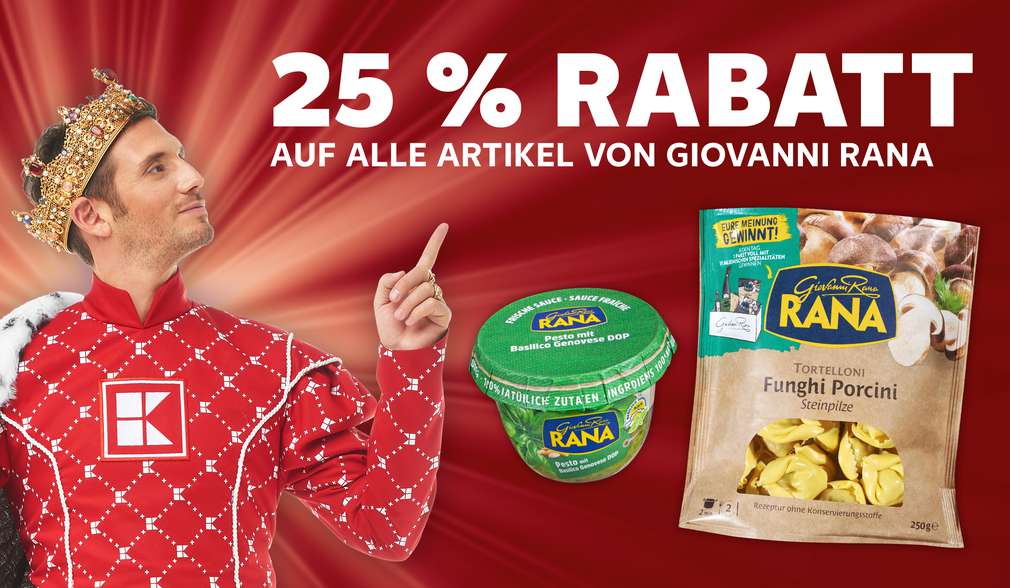 König zeigt auf Schriftzug: 25 % Rabatt auf alle Artikel von Giovanni Rana; versch. Produktabbildung König zeigt auf Schriftzug: 25 % Rabatt auf alle Artikel von Giovanni Rana; versch. Produktabbildung
