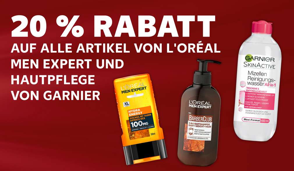20 % Rabatt auf alle Artikel von L'Oréal, Mex Expert und Hautpflege von Garnier; Produktabbildung versch. Artikel 20 % Rabatt auf alle Artikel von L'Oréal, Mex Expert und Hautpflege von Garnier; Produktabbildung versch. Artikel