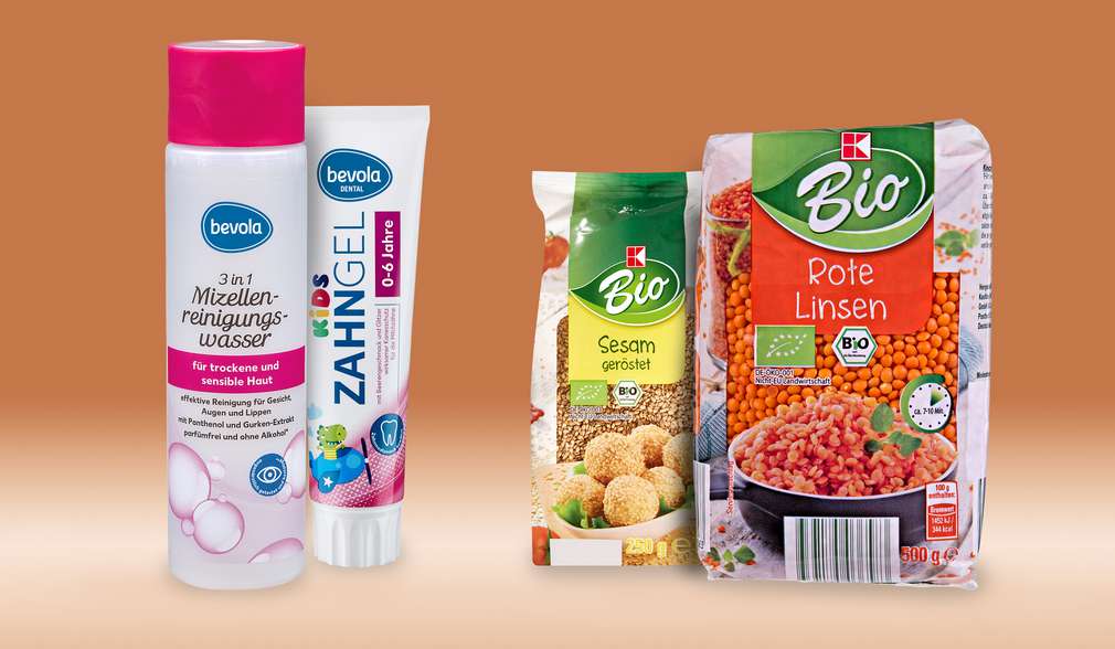 bevola® 3 in 1 Mizellenreinigungswasser, bevola® Zahngel Kids berry, K-Bio Sesam geröstet und K-Bio Rote Linsen bevola® 3 in 1 Mizellenreinigungswasser, bevola® Zahngel Kids berry, K-Bio Sesam geröstet und K-Bio Rote Linsen
