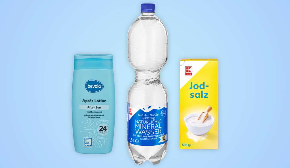 Produktabbildungen: BEVOLA® After Sun Lotion , K-CLASSIC Natürliches Mineralwasser (spritzig), K-CLASSIC Jodsalz Produktabbildungen: BEVOLA® After Sun Lotion , K-CLASSIC Natürliches Mineralwasser (spritzig), K-CLASSIC Jodsalz