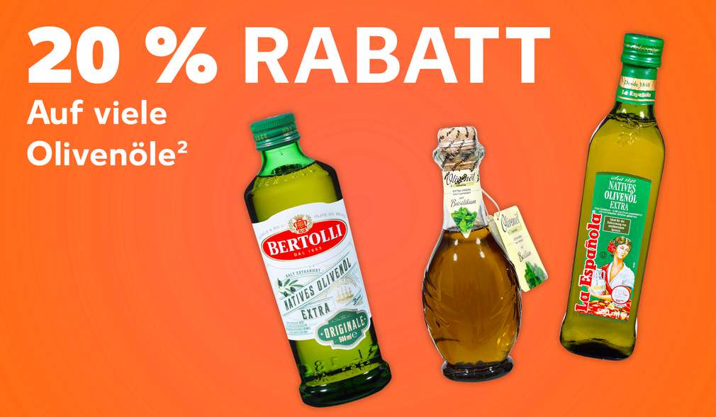 Produktabbildungen versch. Olivenöle; Schriftzug: 20 % Rabatt auf alle Olivenöle