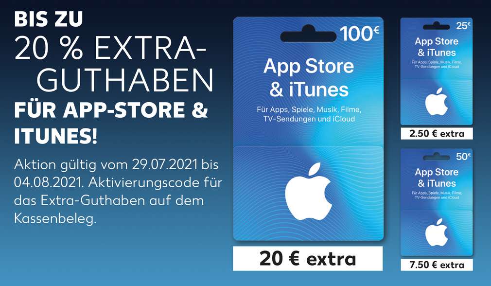 Produktabbildungen versch. Guthabenkarten für den App Store oder iTunes; Schriftzug: 20 % Extra-Guthaben für App Store & iTunes!