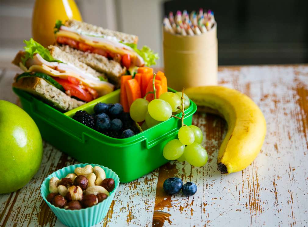 Brotdose mit Obst, Gemüse und belegten Broten Brotdose mit Obst, Gemüse und belegten Broten