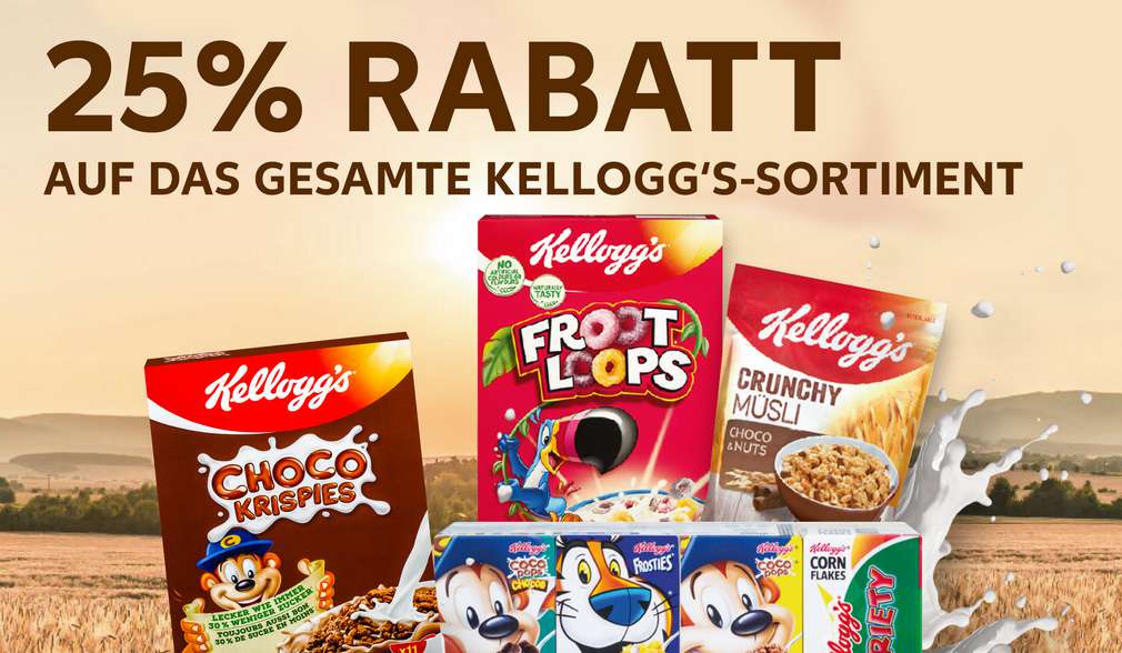 Rabattaktion: 25 % Rabatt auf das gesamte Kellogg‘s-Sortiment Rabattaktion: 25 % Rabatt auf das gesamte Kellogg‘s-Sortiment