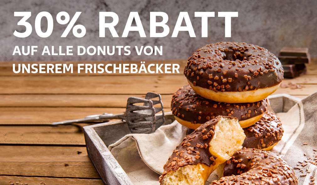 Rabatt: 30 Prozent Rabatt auf alle Donuts von unserem Frischebäcker Rabatt: 30 Prozent Rabatt auf alle Donuts von unserem Frischebäcker