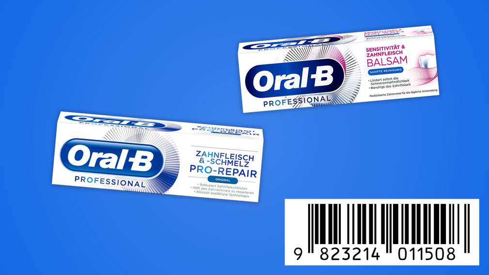 Versch. Oral-B Zahncremes; unten rechts: Code zum Abscannen an der Kasse