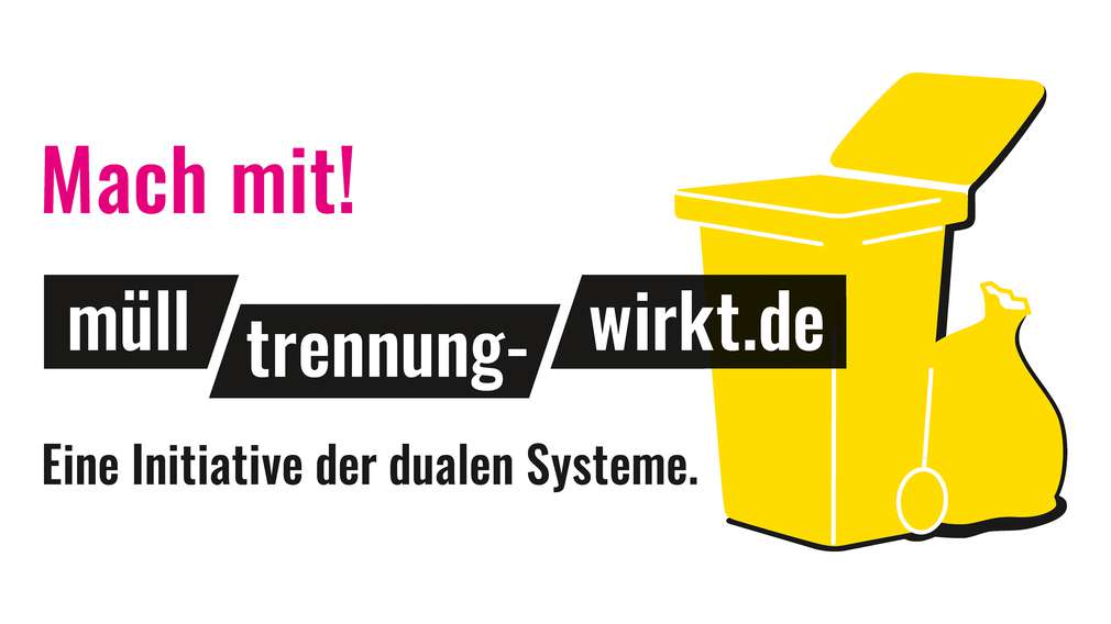 Logo: Mülltrennung wirkt; Schriftzug: Mach mit! Eine Initiative der dualen Systeme.; Abbildung: Gelbe Tonne und Gelber Sack Logo: Mülltrennung wirkt; Schriftzug: Mach mit! Eine Initiative der dualen Systeme.; Abbildung: Gelbe Tonne und Gelber Sack