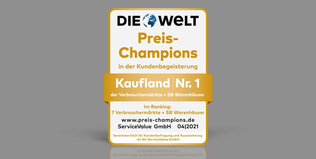 Logo: Die Welt; Schriftzug: Preischampions in der Kundenbegeisterung Kaufland Nr. 1 im Breich Verbrauchermärkte + SB-Warenhäuser Logo: Die Welt; Schriftzug: Preischampions in der Kundenbegeisterung Kaufland Nr. 1 im Breich Verbrauchermärkte + SB-Warenhäuser