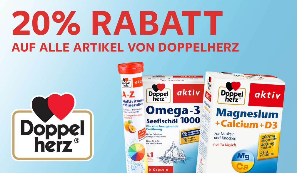 Rabattaktion: 20 % Rabatt auf alle Produkte von DOPPELHERZ Rabattaktion: 20 % Rabatt auf alle Produkte von DOPPELHERZ