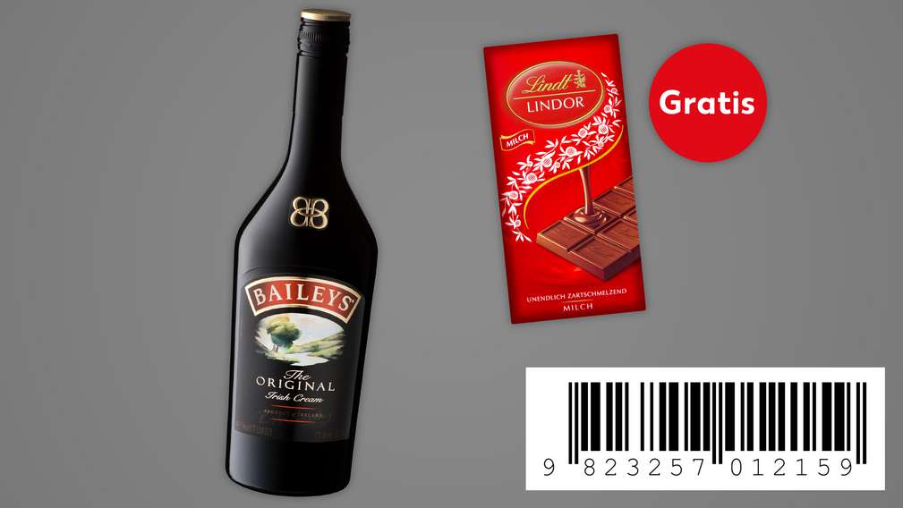 Produkte: Baileys Irish Cream Liqueur und Lindt Lindor Tafel mit Störer „Gratis”; unten rechts: Rabattcode zum Abscannen Produkte: Baileys Irish Cream Liqueur und Lindt Lindor Tafel mit Störer „Gratis”; unten rechts: Rabattcode zum Abscannen