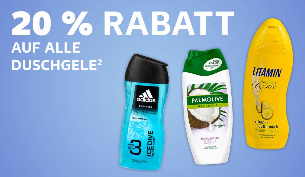 Produktabbildung: versch. Duschgele; Schriftzug: 20 % Rabatt auf alle Duschgele Produktabbildung: versch. Duschgele; Schriftzug: 20 % Rabatt auf alle Duschgele