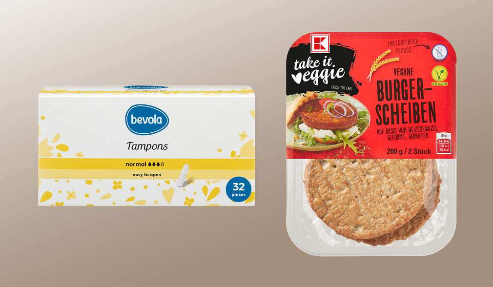 Produktabbildungen: bevola® Tampons normal und K-take it veggie Vegane Burgerscheiben Produktabbildungen: bevola® Tampons normal und K-take it veggie Vegane Burgerscheiben