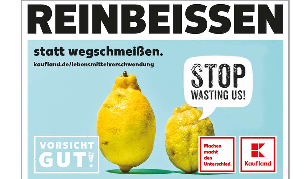 Abbildung: zwei Zitronen; Schriftzug: Reinbeißen statt wegschmeißen; Sprechblase: Stop waisting us! Abbildung: zwei Zitronen; Schriftzug: Reinbeißen statt wegschmeißen; Sprechblase: Stop waisting us!