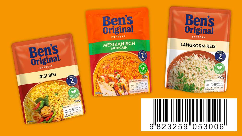Versch. Ben's-Original-Produkte; unten rechts: Code zum Abscannen an der Kasse