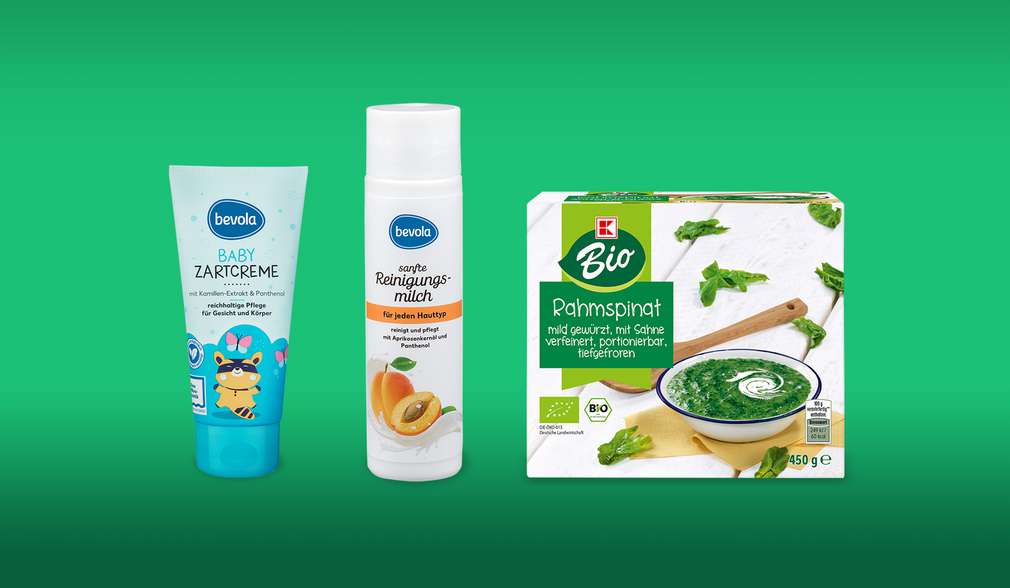 Produktabbildung: bevola® Baby Zartcreme, bevola® Sanfte Reinigungsmilch, K-Bio Blattspinat Produktabbildung: bevola® Baby Zartcreme, bevola® Sanfte Reinigungsmilch, K-Bio Blattspinat