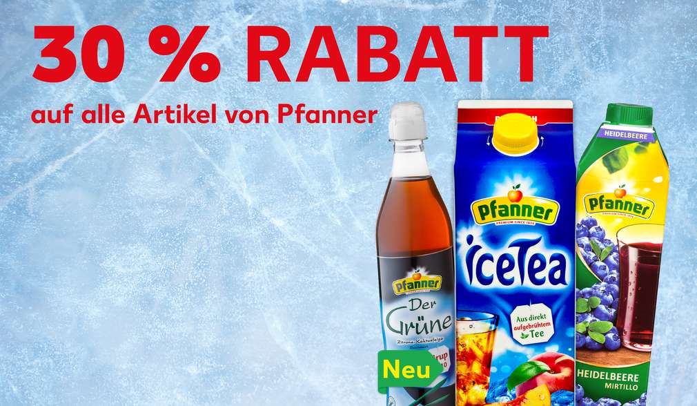 Produktabbildungen versch. Pfanner-Produkte; Schriftzug: 30 % Rabatt auf alle Artikel von Pfanner Produktabbildungen versch. Pfanner-Produkte; Schriftzug: 30 % Rabatt auf alle Artikel von Pfanner