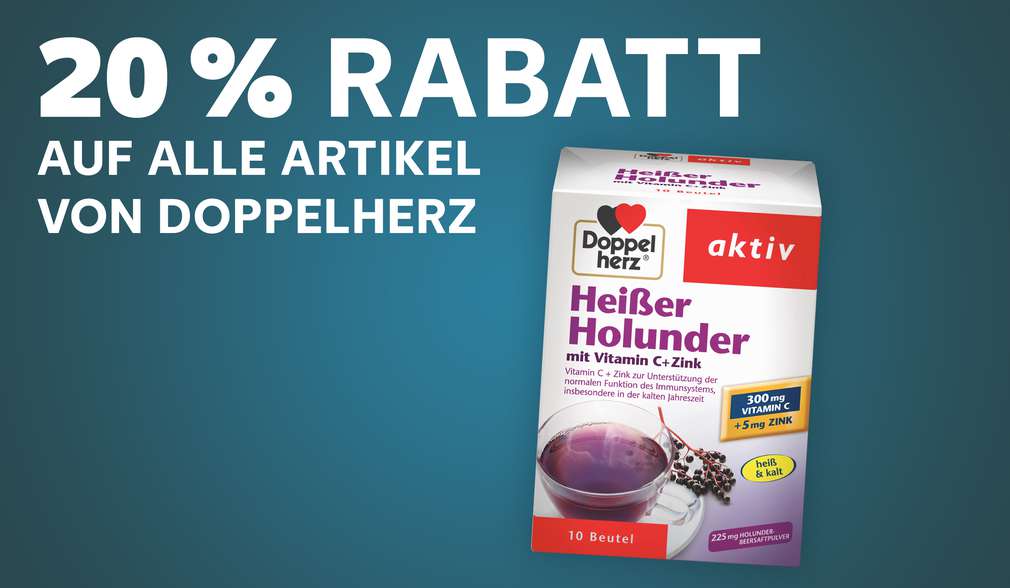 Rabatt sichern Doppelherz Heißer Holunder; Schriftzug: 20 % Rabatt auf alle Artikel von Doppelherz