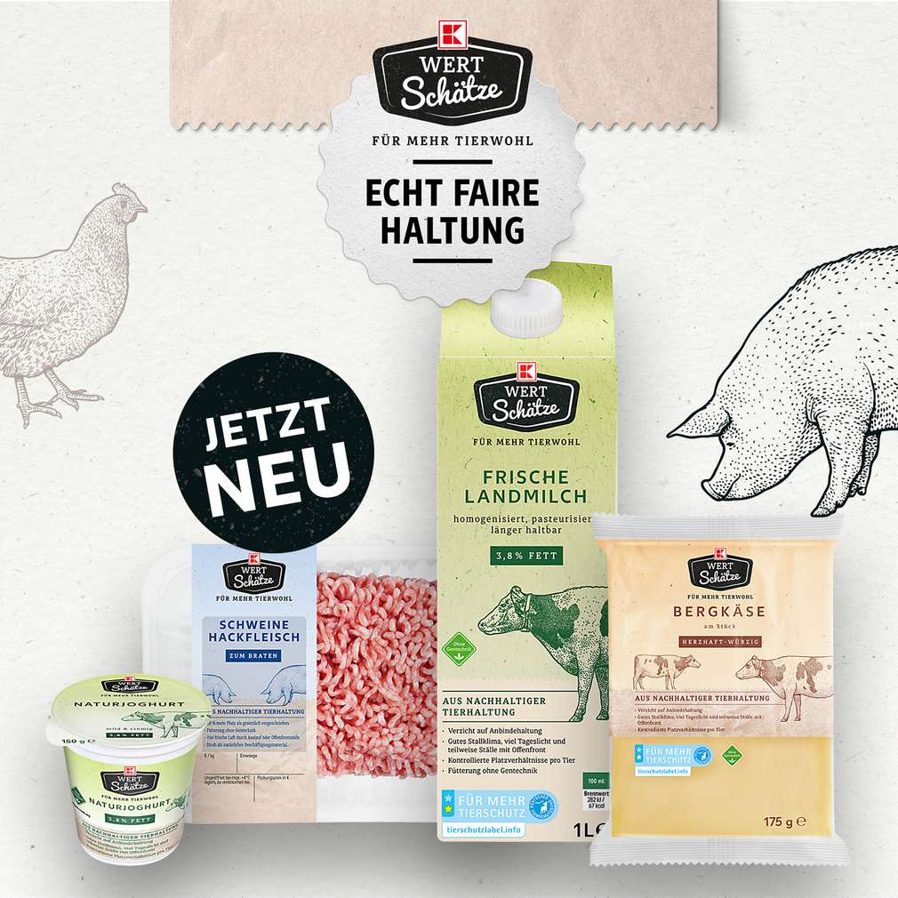 Versch. Abbildungen von K-Wertschätze-Eigenmarkenprodukten; Störer: Jetzt neu; Im Hintergrund ein gezeichnetes Huhn und Schwein Versch. Abbildungen von K-Wertschätze-Eigenmarkenprodukten; Störer: Jetzt neu; Im Hintergrund ein gezeichnetes Huhn und Schwein