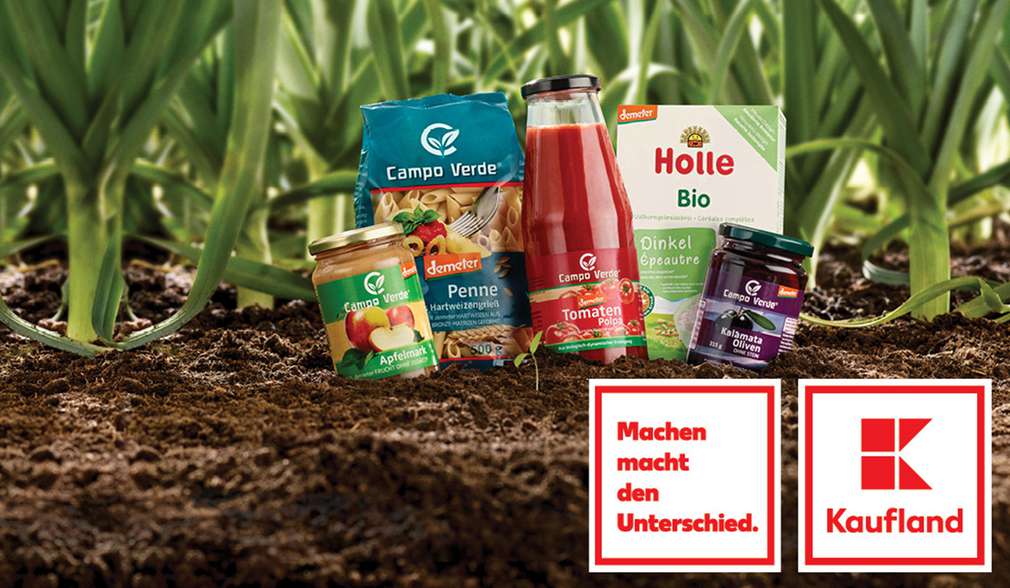 Demeter-Produkte, Kaufland-Logo und Logo „Machen macht den Unterschied“ Demeter-Produkte, Kaufland-Logo und Logo „Machen macht den Unterschied“