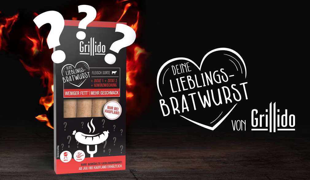 Herz mit Schrift: Deine Lieblingsbratwurst von Grillid; links: Produktverpackung mit drei Fragezeichen Herz mit Schrift: Deine Lieblingsbratwurst von Grillid; links: Produktverpackung mit drei Fragezeichen