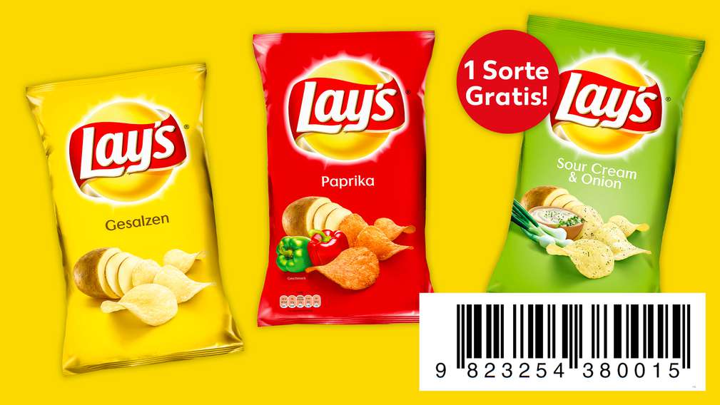 Rabattcode scannen Versch. Sorten Lay's Chips; unten rechts: Code zum Abscannen an der Kasse