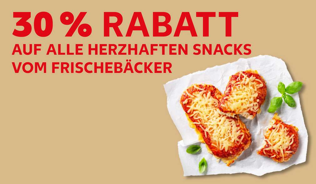 Versch. Cider; Schriftzug: 30 % Rabatt auf alle herzhaften Snacks vom Frischebäcker