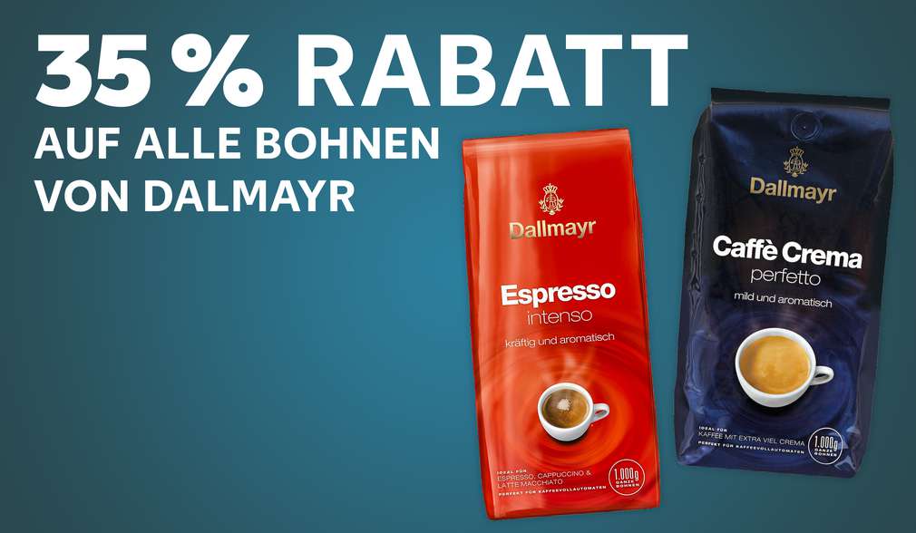Versch. Sorten Dallmayr; Schriftzug: 35 % Rabatt auf alle Bohnen von Dallmayr Versch. Sorten Dallmayr; Schriftzug: 35 % Rabatt auf alle Bohnen von Dallmayr